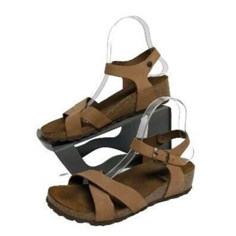 Marina Luna Wedge Sandals Women US 9 Buckle  Made in Italy Comfort Beige EUR 40